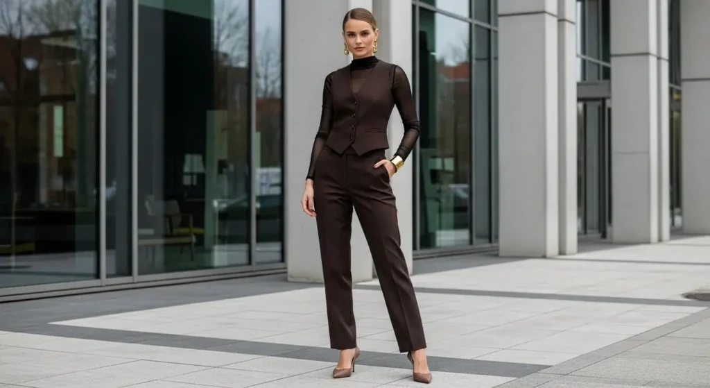 Tailored Vest + Trousers + Pointed-Toe Flats Trending Fall Outfits
