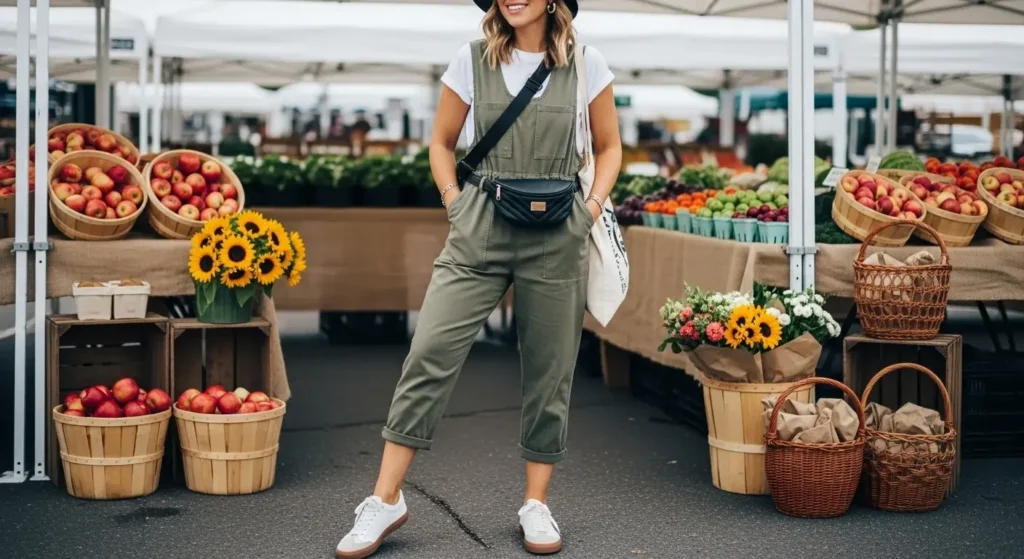 Utility Jumpsuit + White Tee + Sneakers Early Fall Outfits