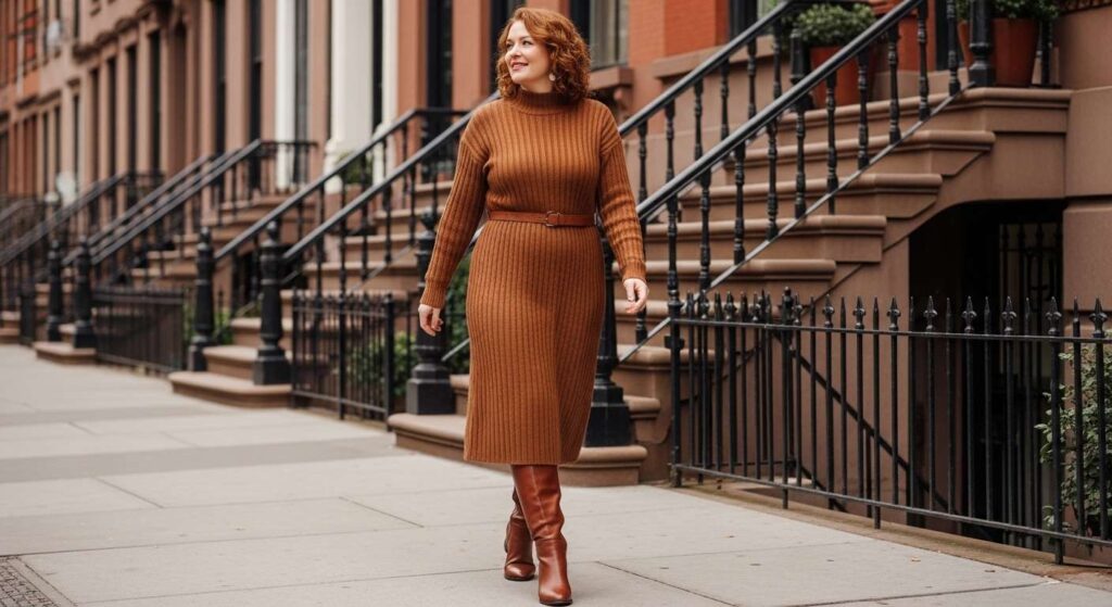 Cozy Knit Dress and Knee-High Boots Fall Outfit Ideas
