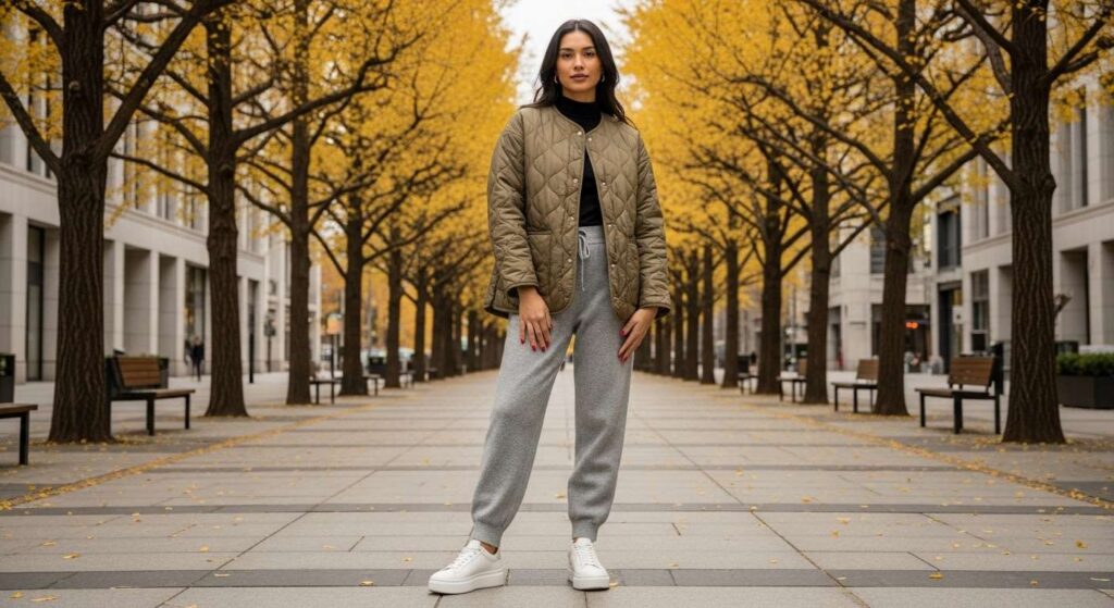 Quilted Jacket + Wool Joggers + Platform Sneakers Warm Fall Outfits