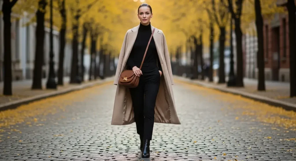 Sleek Black Base + Wool Coat Simple Fall Outfits
