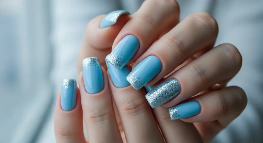 Baby Blue + Silver Sparkle Combo End of Summer Nails Ideas