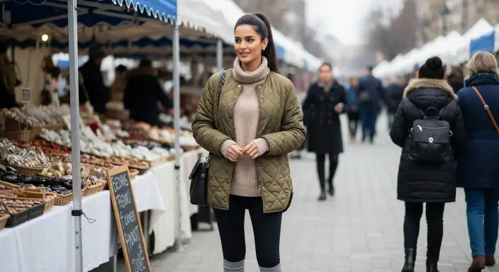 Turtleneck Sweater + Quilted Jacket + Black Leggings Casual Winter Outfit Ideas