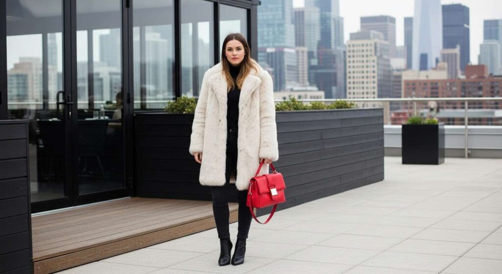 Faux Fur Coat + Monochrome Base Outfit + Statement Handbag Chic Fall Outfits