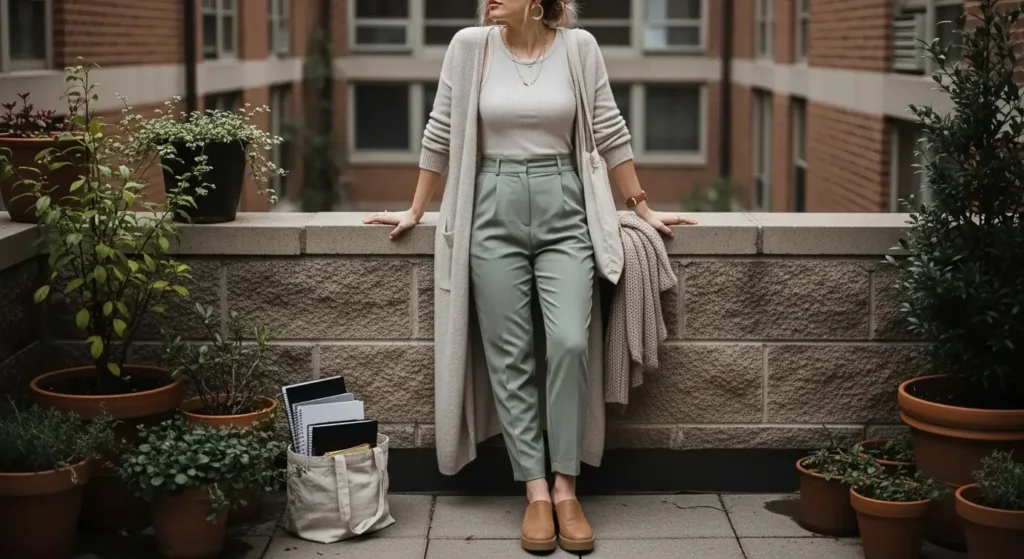 Long Cardigan + Ribbed Tank + Trousers Fall Outfit Ideas for College