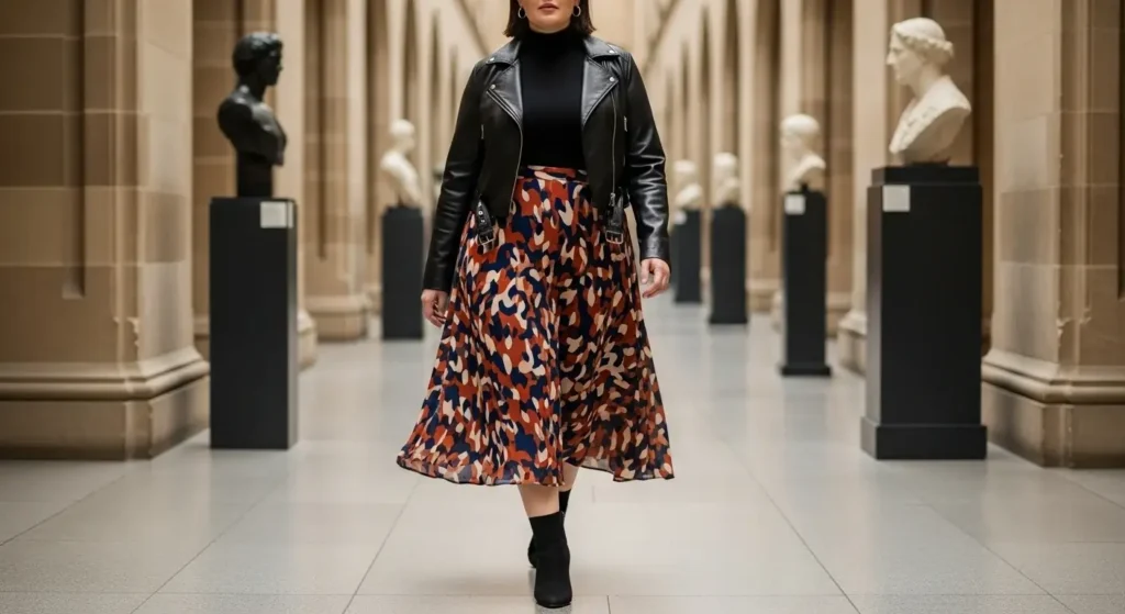 Turtleneck + Printed Skirt + Leather Jacket Plus Size Fall Outfits