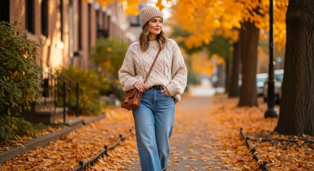 Oversized Knit + Wide-Leg Jeans + Lug Sole Boots Cozy Fall Outfits