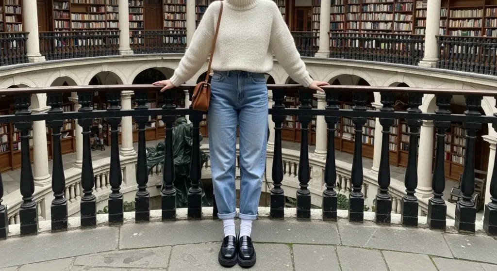 Mock Neck Sweater + Baggy Jeans + Loafers 90s-Inspired Fall Outfits