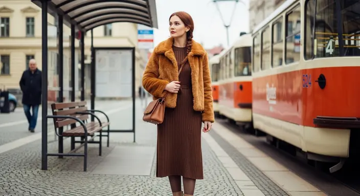 Faux Fur Jacket + Knit Dress + Tights Adorable Winter Outfits