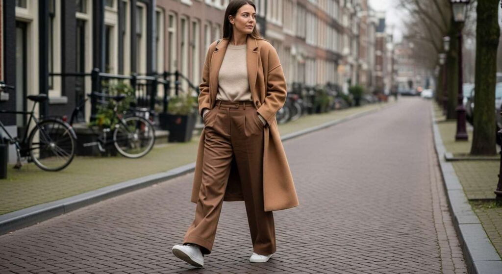 Oversized Coat + Wide-Leg Pants + Sneakers 