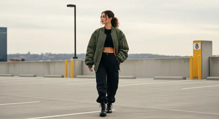 Oversized Bomber Jacket + Cargo Pants + Cropped Top Grunge Fall Outfits