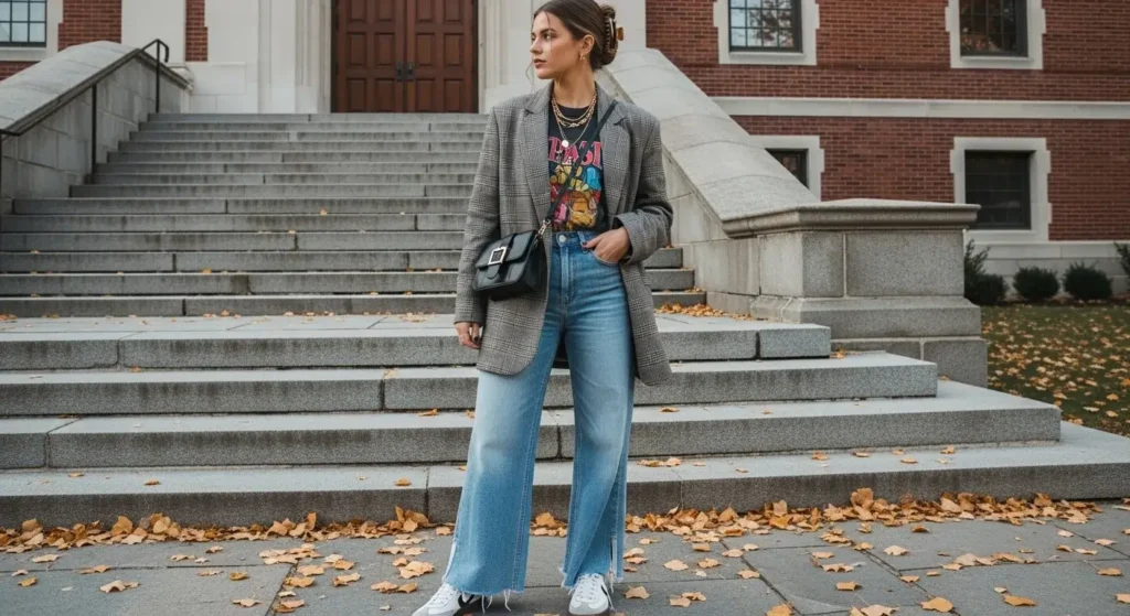 Oversized Blazer + Graphic Tee + Wide-Leg Jeans Fall Outfit Ideas for College