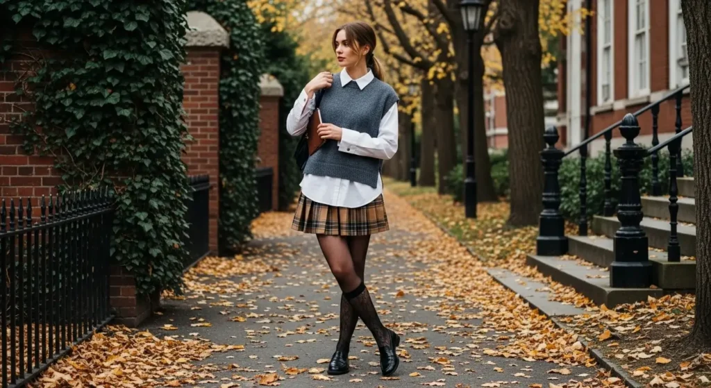 Sweater Vest + Poplin Shirt + Pleated Mini Skirt + Loafers Cozy Fall Outfits