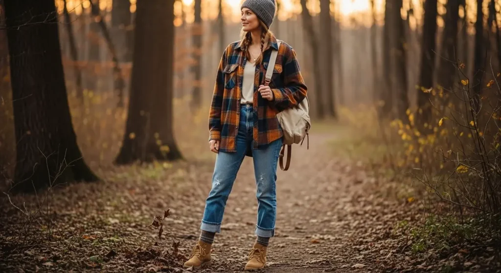 Flannel Shirt + Straight-Leg Jeans + Hiking Boots Casual Fall Outfits