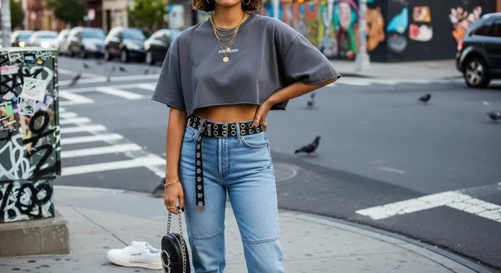 Cropped Oversized Tee + High-Waisted Jeans + Statement Belt Trendy Baggy T-Shirt Outfits for Women