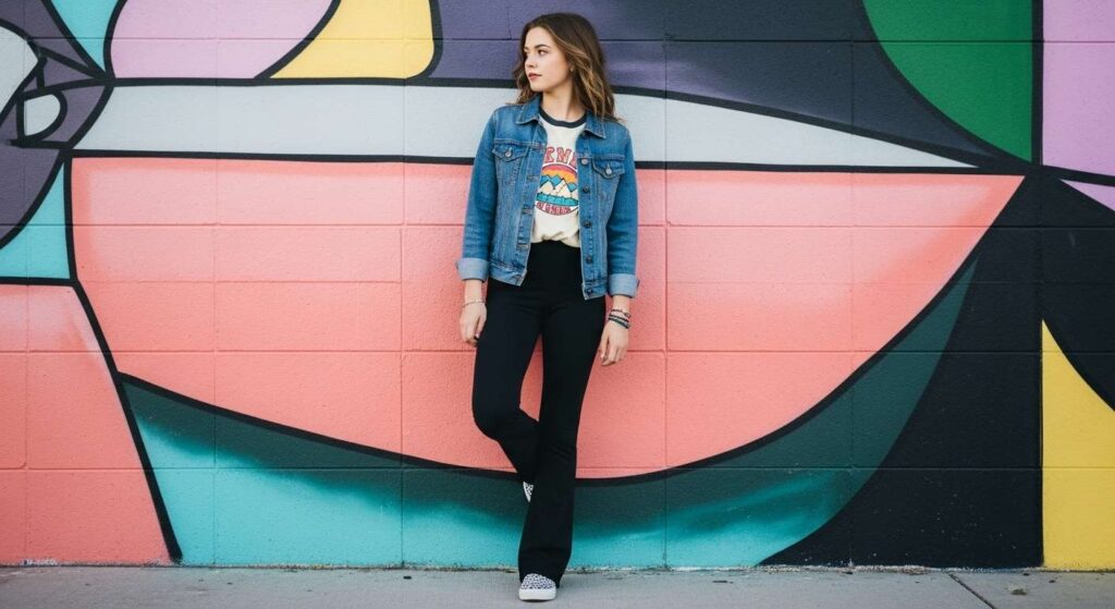 Denim Jacket + Graphic Tee + Flared Leggings Fall Outfits for Teens