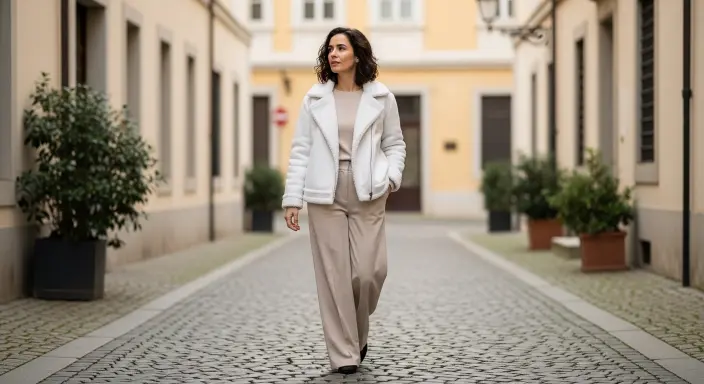 Sherpa Jacket + Wide-Leg Trousers Aesthetic Winter Outfits