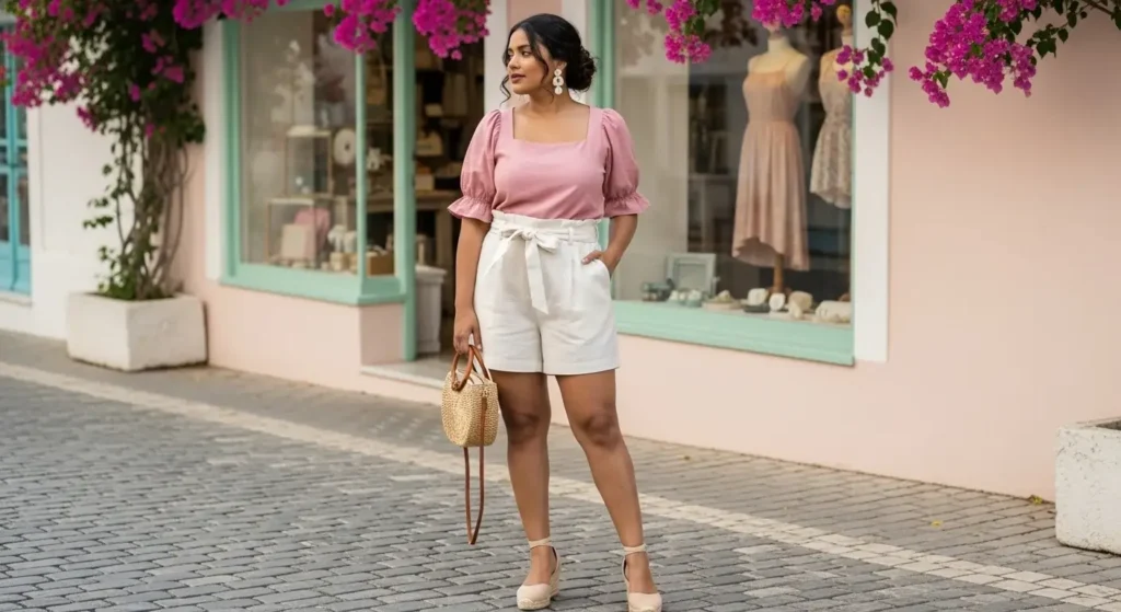 Paper bag Waist Shorts + Puff Sleeve Blouse Trendy Summer Shorts