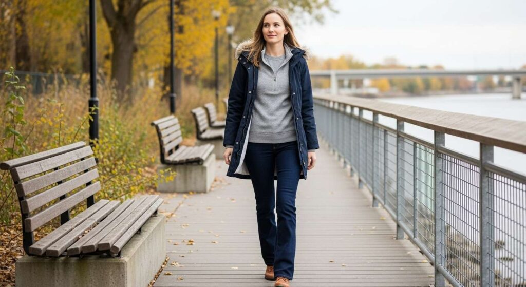 Waterproof Parka + Thermal Crewneck + Bootcut Jeans Warm Fall Outfits
