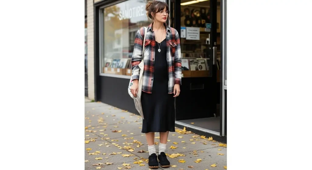 Flannel Shirt + Slip Dress + Ankle Socks Early Fall Outfits