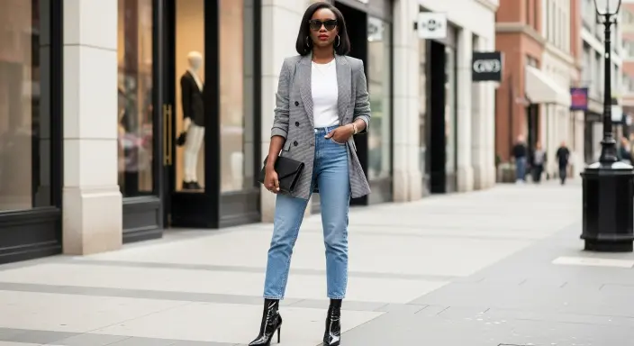 Double-Breasted Blazer + Straight Jeans + Heeled Ankle Boots Classy Winter Outfits