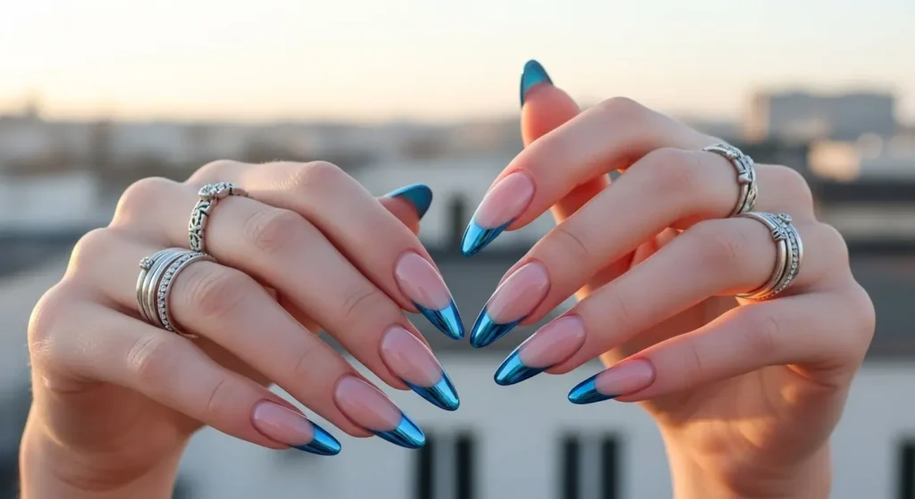 Blue French Tips with a Chrome Edge July Nails Ideas