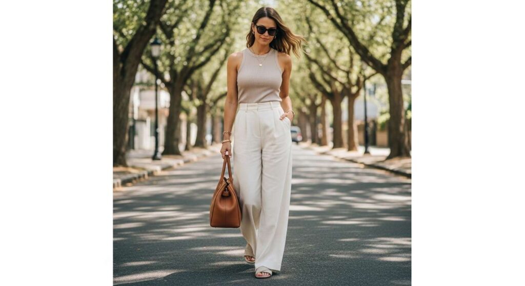 Flowy Wide-Leg Trousers + Ribbed Tank July Outfit Ideas
