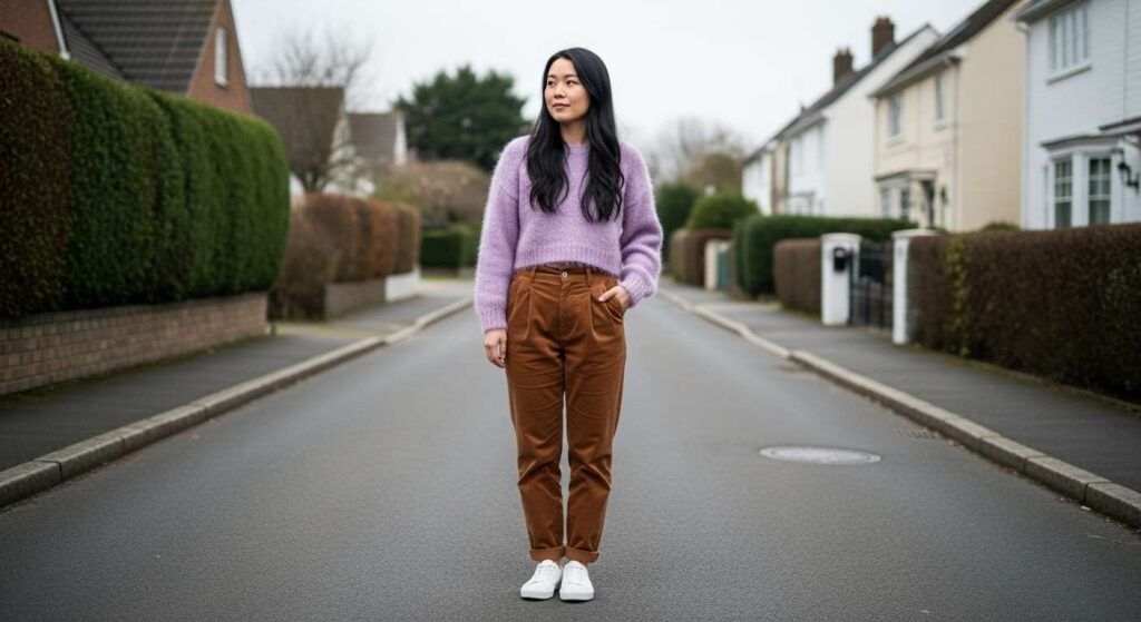 Fuzzy Cropped Sweater + High-Waisted Corduroy Pants Warm Fall Outfits