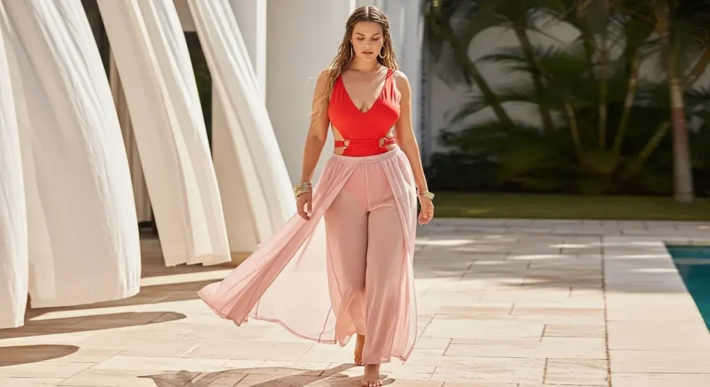 Monokini + Sheer Palazzo Pants Plus Size Swimwear Outfit Ideas