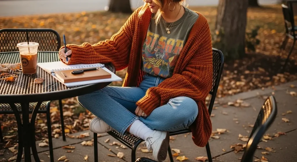 Graphic Tee + Oversized Cardigan + Straight-Leg Jeans Cute Fall Outfits for School