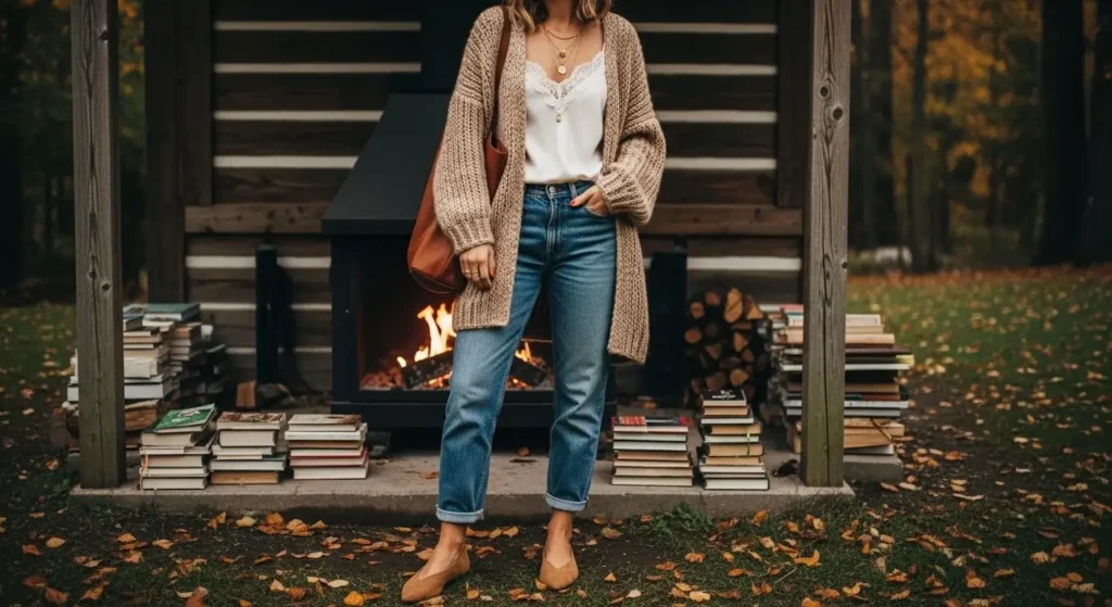 Cardigan + Silk Cami + Relaxed Jeans Early Fall Outfits