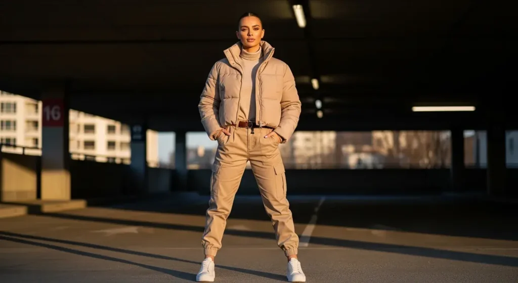 Cropped Puffer + Cargo Pants + Sneakers Trending Fall Outfits