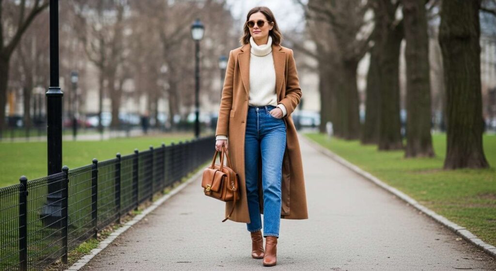 Long Wool Coat + Turtleneck + Straight-Leg Jean Chic Fall Outfits