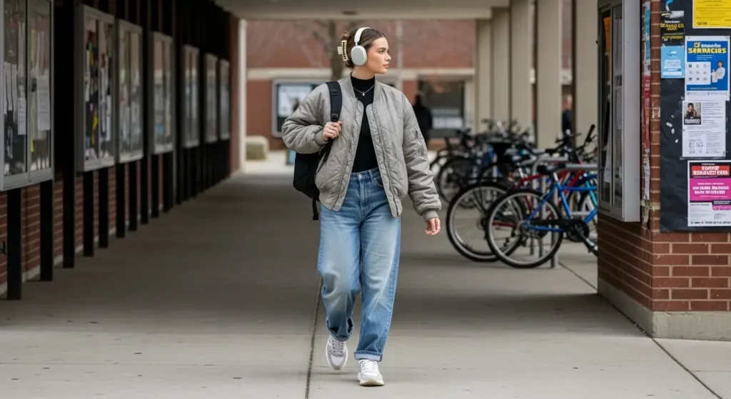 Quilted Bomber + Mock Neck Top + Baggy Jeans Cute Fall Outfits for School