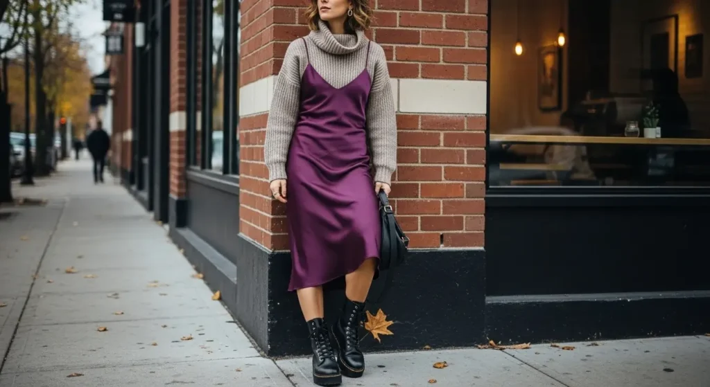 Slip Dress + Chunky Knit + Combat Boots 90s-Inspired Fall Outfits