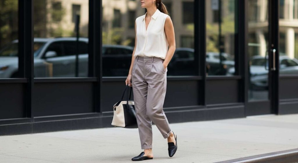Sleeveless Collared Shirt + Relaxed Trousers New York Summer Outfit Ideas