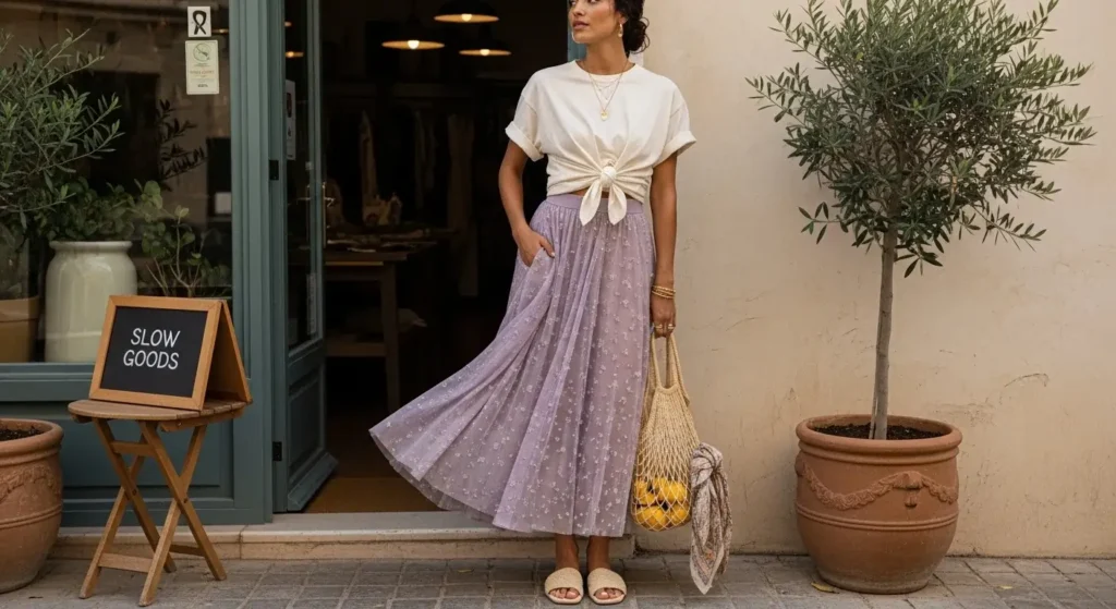 Tie-Front Baggy Tee + Maxi Skirt + Slides Trendy Baggy T-Shirt Outfits for Women
