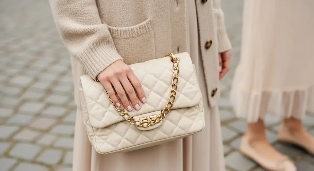 Cream Quilted Leather Bag with Chain Strap Old Money Handbags