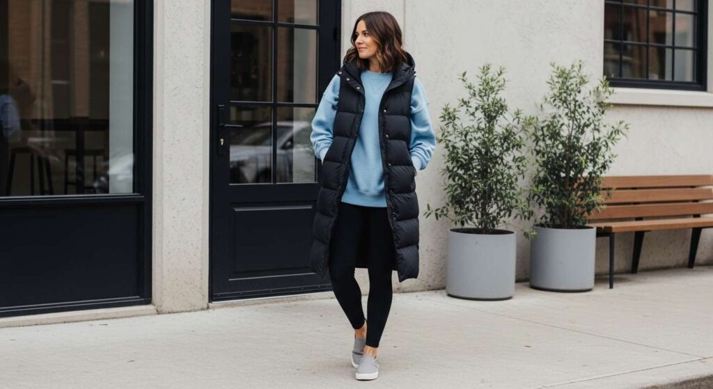 Long Puffer Vest + Oversized Sweatshirt + Leggings Warm Fall Outfits