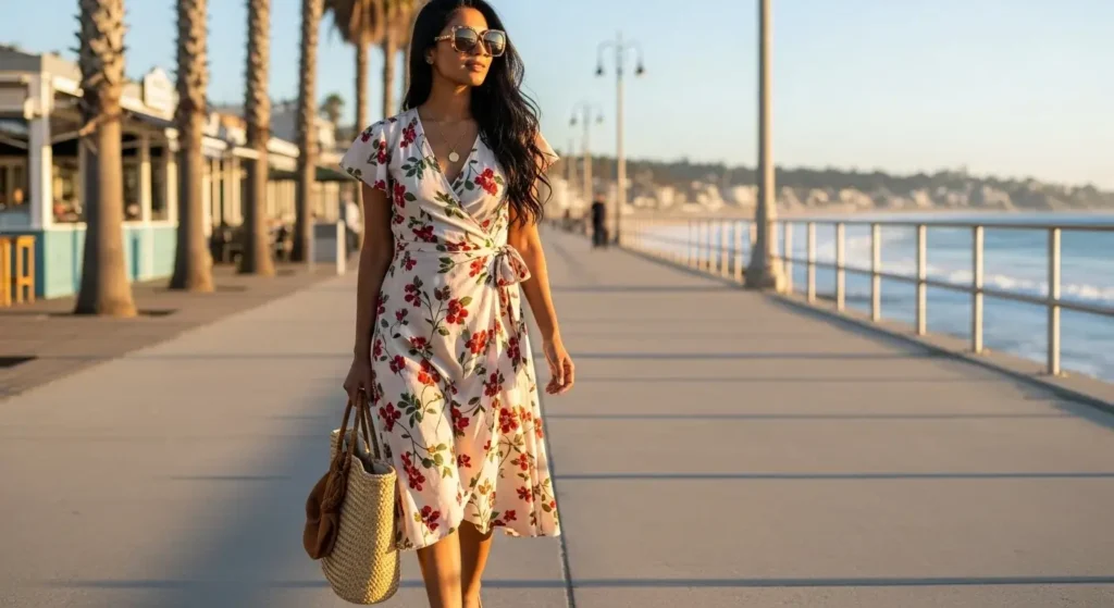 Wrap-Style Floral Dress + Woven Accessories Perfect Dress Outfits That Prove Florals Are Still Summer