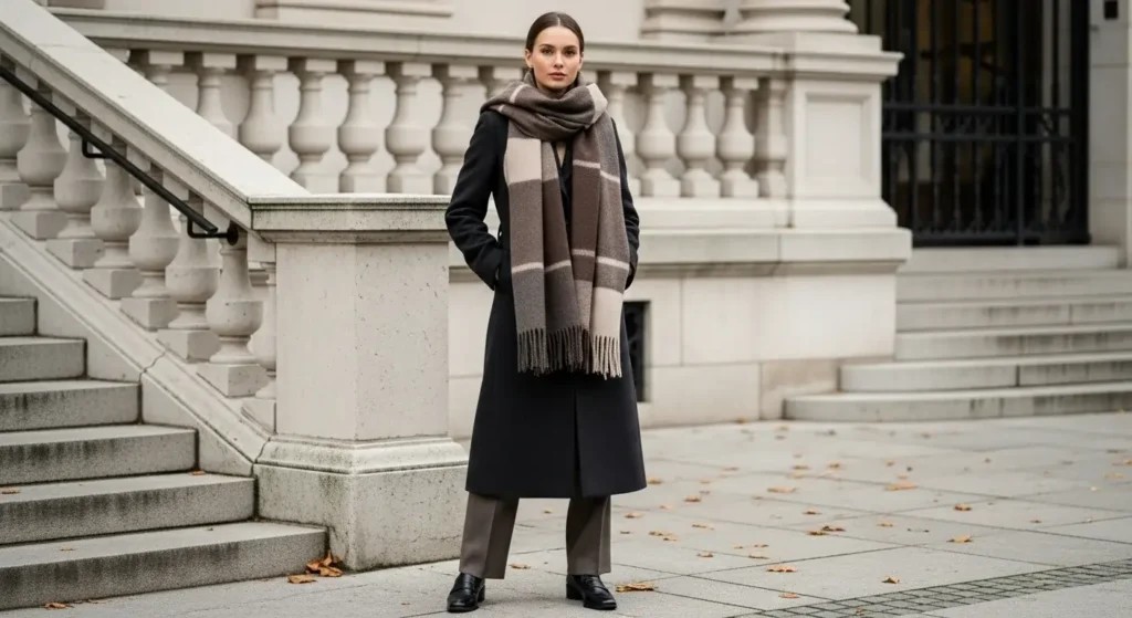 Blanket Scarf + Wool Coat + Straight-Leg Trousers Cozy Fall Outfits