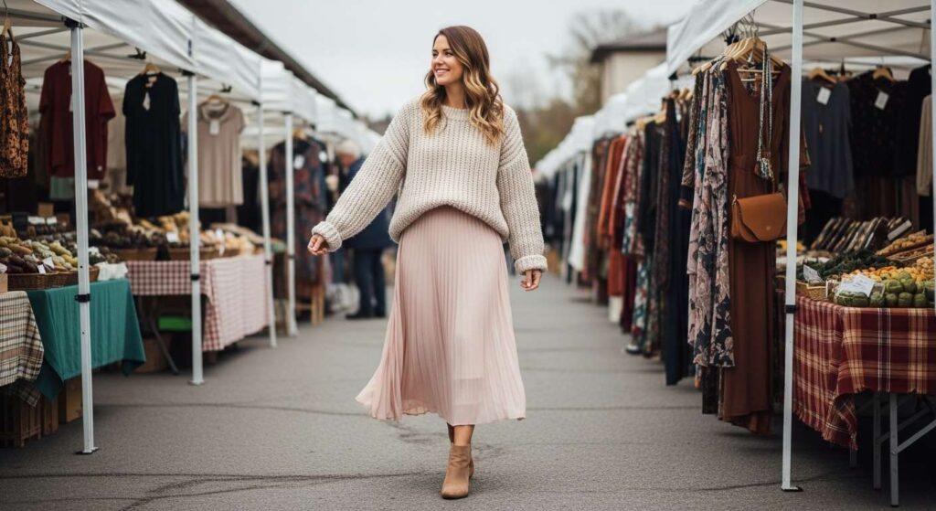 Chunky Knit Sweater + Pleated Skirt + Ankle Boots 