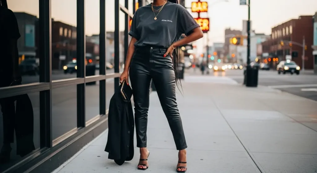 Baggy Tee + Leather Pants + Square-Toe Heels Trendy Baggy T-Shirt Outfits for Women
