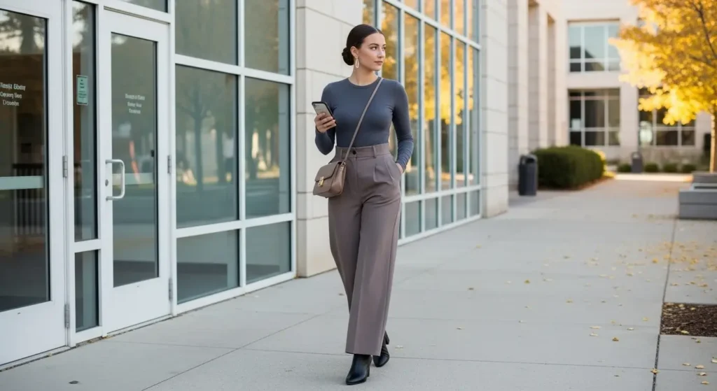 Long Sleeve Bodysuit + Wide-Leg Trousers + Crossbody Bag Cute Fall Outfits for School