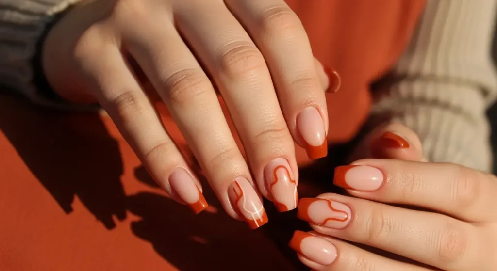Burnt Orange Negative Space Nails End of Summer Nails Ideas