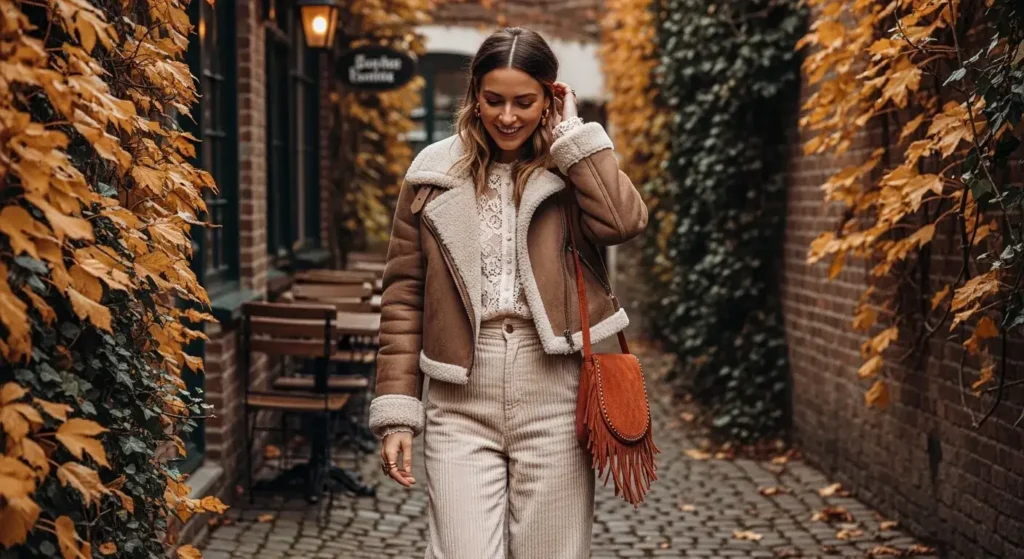 Shearling Jacket + Wide-Leg Corduroy Pants + Lace Blouse Boho Fall Outfits
