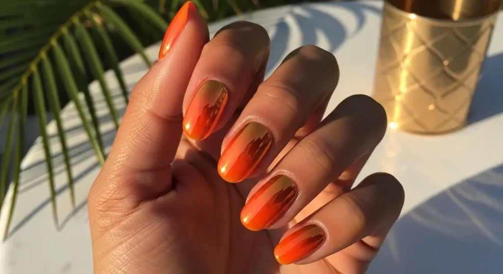 Tangerine Chrome Glow Glossy Gel Nail Designs for Summer