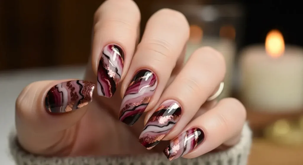 Burgundy Marble Magic Chic Burgundy Nails