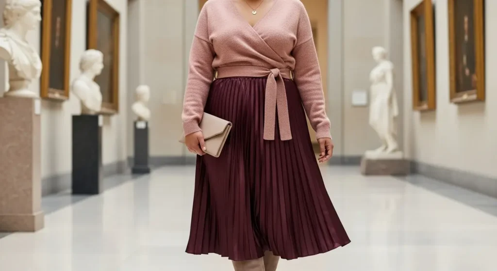 Wrap Sweater + Midi Skirt + Knee-High Boots Plus Size Fall Outfits