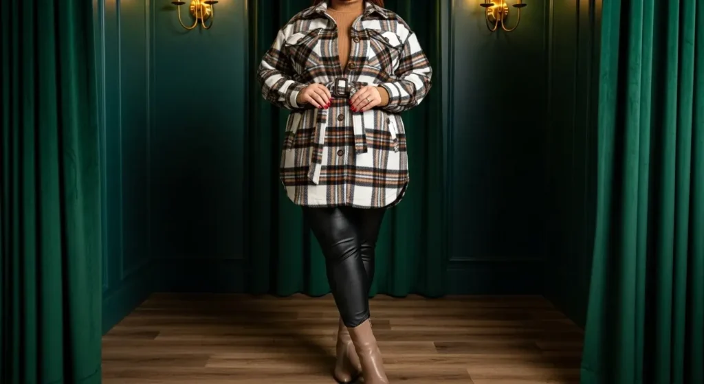 Belted Shacket + Faux Leather Leggings + Ankle Boots Plus Size Fall Outfits